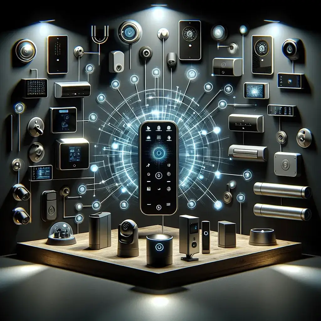 "Imagem ilustrativa de sistemas avançados de segurança, mostrando tecnologia de proteção inteligente em ação em um ambiente conectado, destacando câmeras de vigilância e dispositivos IoT."