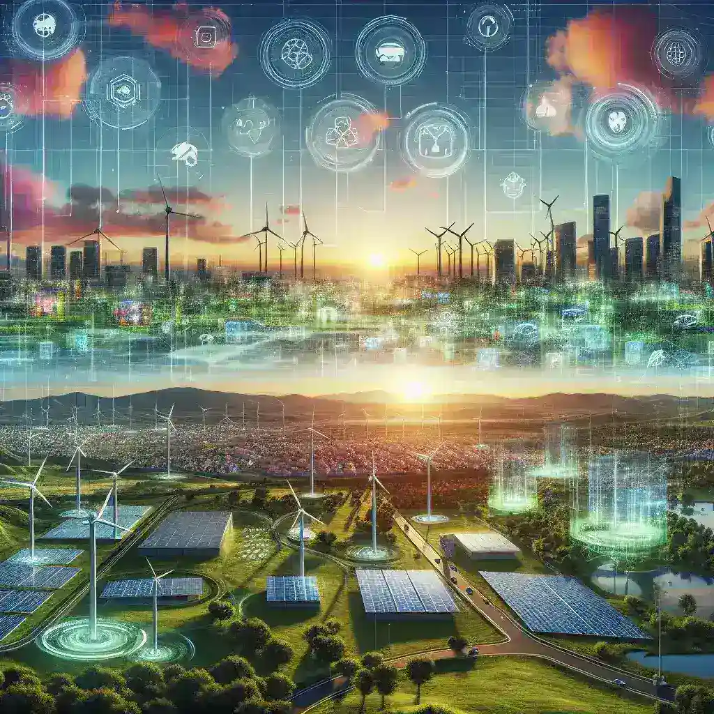 "Imagem de tecnologias sustentáveis, incluindo painéis solares e turbinas eólicas, simbolizando inovações que transformam o futuro em soluções ecológicas."